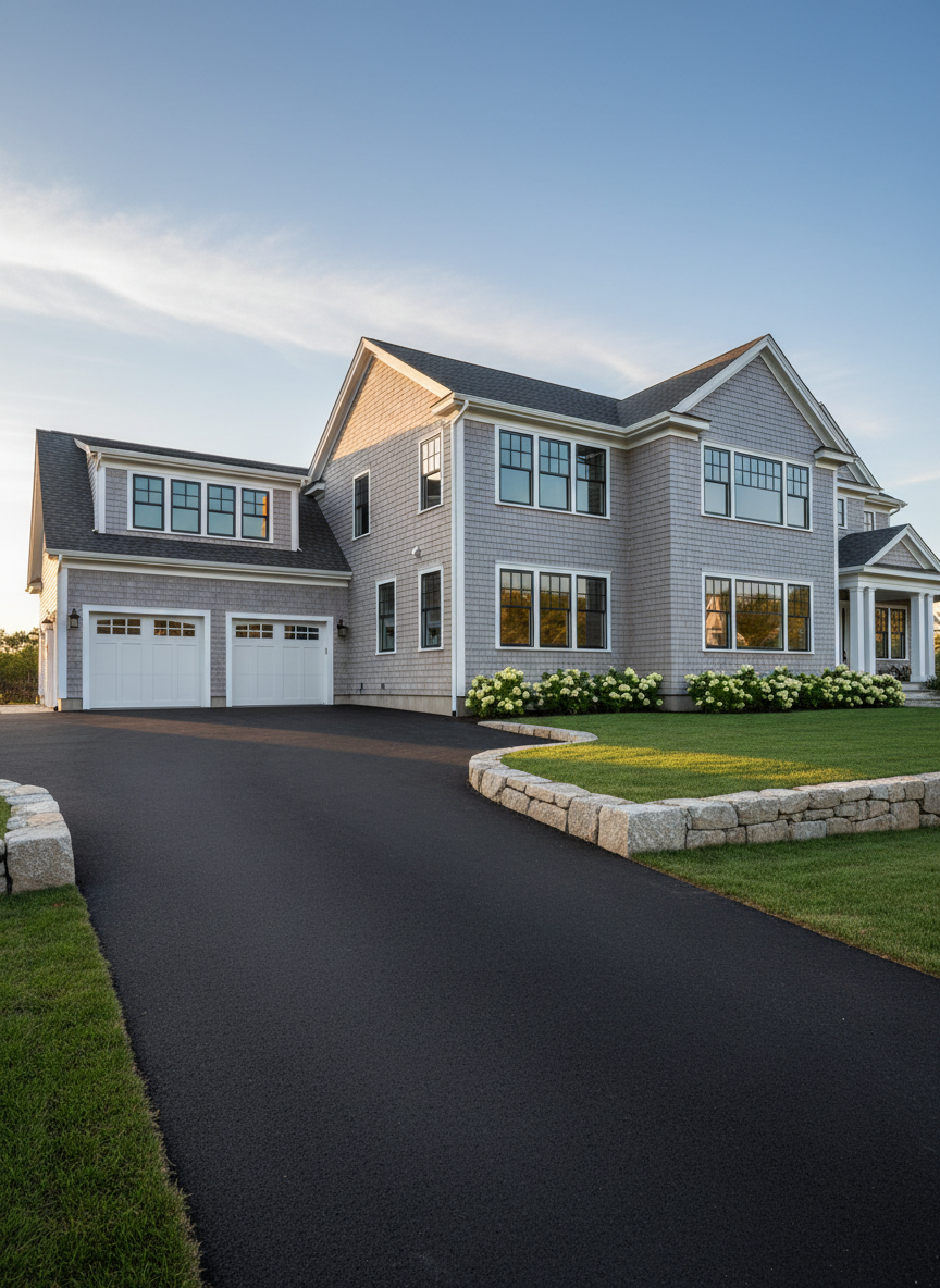 A newly completed high-end Massachusetts coastal home with clean New England architecture, featuring cedar shingle siding in soft gray, crisp white trim, and expansive black-framed windows. The house sits on a meticulously graded lot with fresh sod, stone retaining walls, and a smooth asphalt driveway leading to a three-bay garage. Late afternoon natural light bathes the façade, creating warm highlights on the shingles and gentle shadows under the rooflines. Captured in photographic realism from a slightly elevated angle with sharp focus throughout, the composition emphasizes craftsmanship and solid structure, conveying a professional, trustworthy mood ideal for a full-service construction company’s homepage hero image.